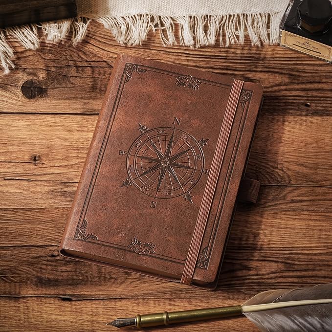 AHGXG Small Lined Pocket Notebook, 256 Numbered Pages, B6 (4.1'' X 5.7'') | College Ruled Mini Journal, Vintage Leather Softcover, 80gsm Paper, for Men Women Work Office School (Brown)