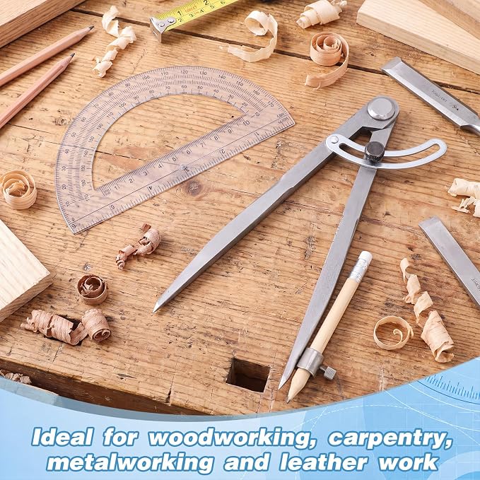 Zonon Professional 8 Inch Large Compass with Wing for Woodworking and 6 Inch Protractor Set, Pencil Compass for Geometry Math Carpenter, Drafting, Drawing Tool (Clear)