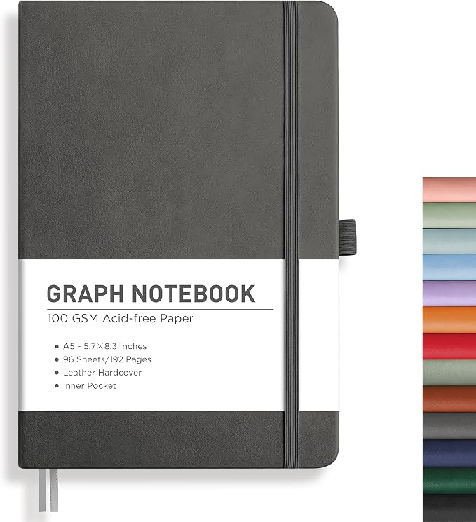 RETTACY Graph Grid Paper Notebook, 192 Pages, A5 Size (5.7'' x 8.3'') | 5 Squares per Inch, Leather Hardcover, 100 GSM Thick Paper, for School, Students, Math, Engineering (Gray)