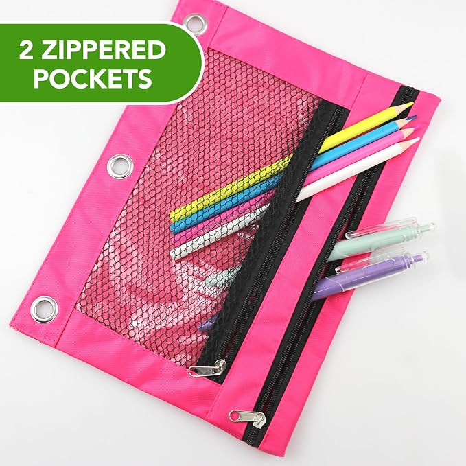 Pencil Pouch for 3 Ring Binder, Heavy Duty Canvas Dual Zipper Pen Bag with Clear Window, Smooth Metal Zipper, Fit Standard 3-Ring Binders for School Office Travel Supplies