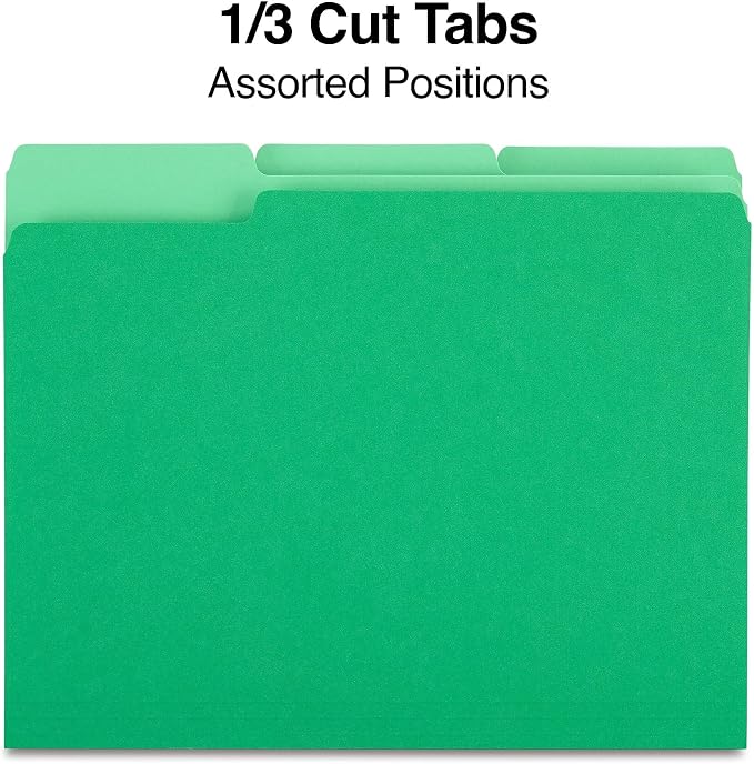 Staples File Folder, Letter Size, 1/3‑Cut Tab, Green, Durable Paper Stock, 200/Carton