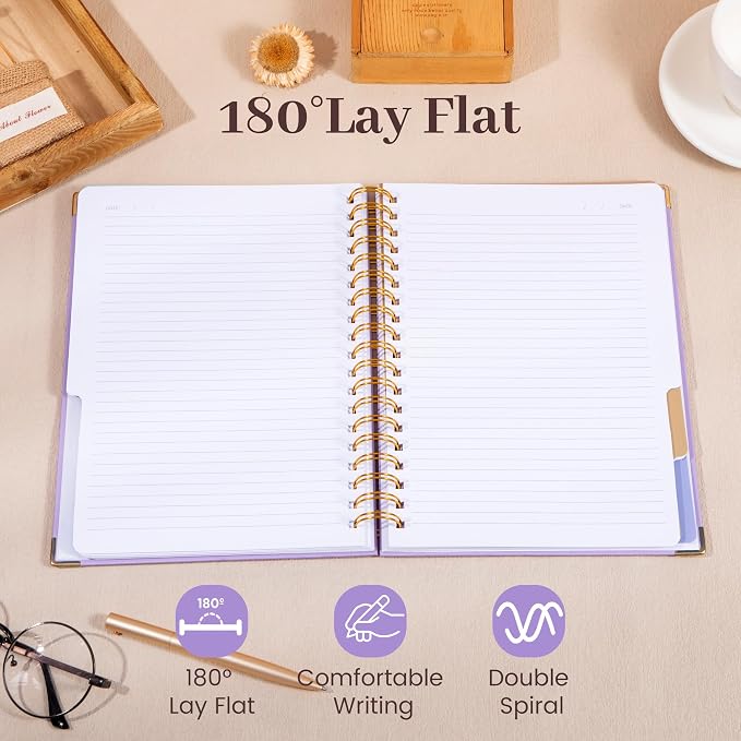 Hardcover Spiral Notebook with Tabs 8"x10" Large Spiral Lined Journals for Women with Dividers 240 Pages College Ruled Composition Notebook 5 Subject Notebook for Work, Back to School, Gifts, Purple