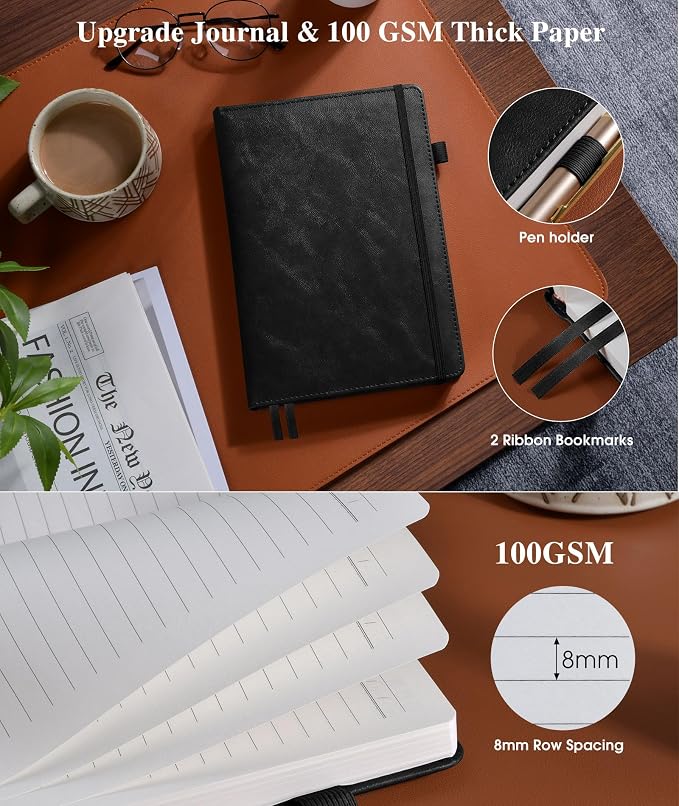 Lined Leather Journal Notebook for Men Women, Hardcover Journals with 256 Numbered Pages, B5 Journaling Notebooks for Writing, 100GSM Thick Ruled Paper for Business Work School 7.6"×10", Black