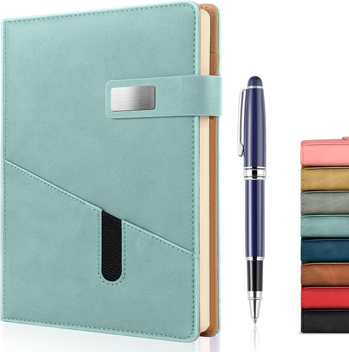 A5 Lined Leather Journal with Pen, 240 Pages Refillable Hardcover Notebook with Pocket and Magnetic Buckle, 80gsm Thick Daily Diary for Men Women, Great Gift for Business Travel Personal - Light Green