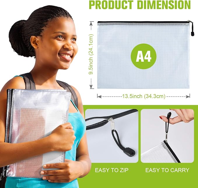 6PCS Mesh Zipper Pouch Bags: A4 Clear Zipper Pouches for Classroom, Black | 13.5 x 9.5 Inch Plastic Mesh Bag Letter Size Document Pouch, Waterproof Organizing Pouch for School and Office Supplies