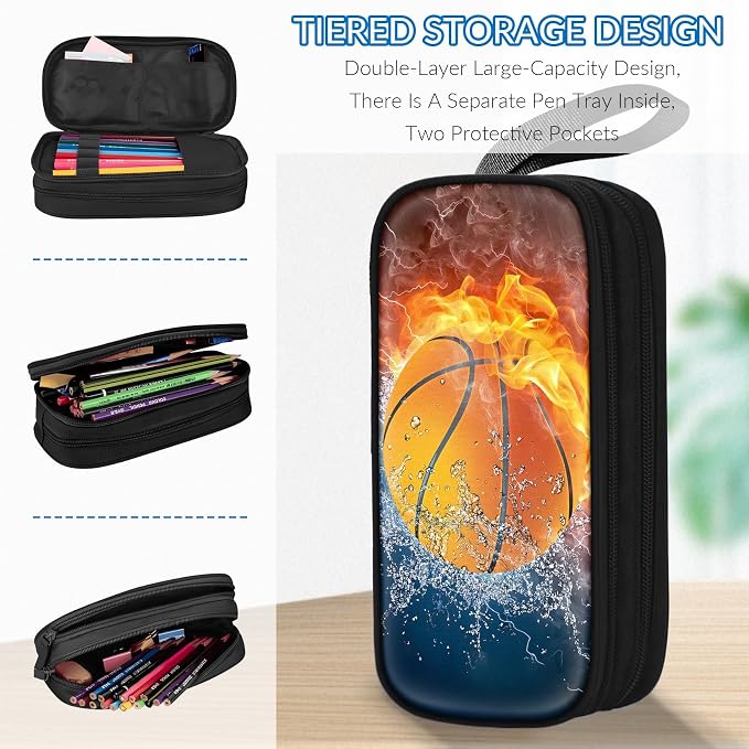 TILYTADLY Large Pencil Case for Boys - Basketball Boys Pencil Pouch with Zipper Compartments - Big Capacity Pen Box Pen Bag Organizer with Keychain for Kids Teens School