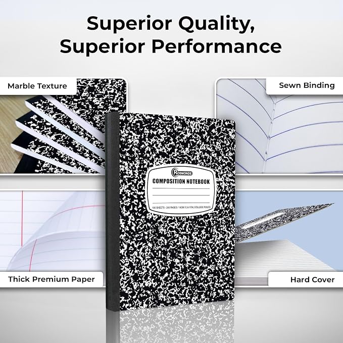 Rosmonde 5000 Pack (Pallet) Composition Notebook Bulk, College Ruled Sheets, 100 Sheets (200 Pages), 9-3/4 x 7-1/2, Bulk Supplies for Schools, Black Marble Notebooks, 4-7 Days Transit