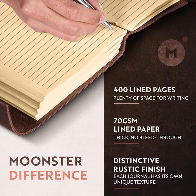 moonster Leather Journal with Embossed Heart Shape - Non Refillable 8x6″ Lined Notebook - 400 Pages College Ruled Kraft Paper - Inspirational Small Notebook - Leather Journals for Women