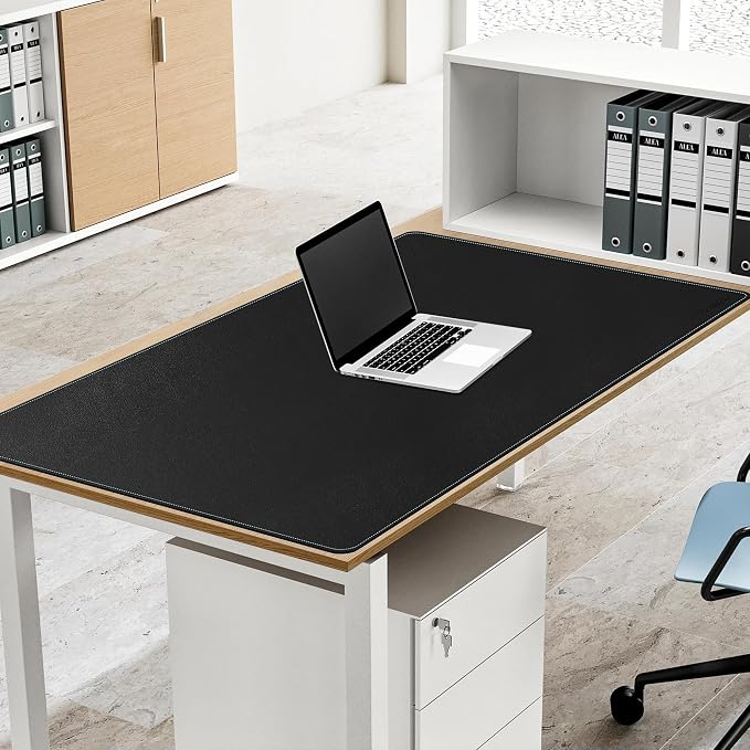 CENNBIE Leather Desk Mat Large, 43.6" x 23.6" Extended Mouse Pad (Black) | Premium stitched edges resist wear. Easy to clean. Protects desk from spills, stains ,scratches. Smooth glide. Office & home.