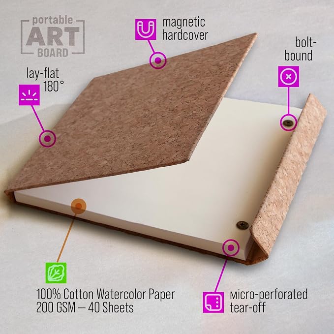 Cork Watercolor Pad Hardcover - 100% Cotton Paper 200GSM Cold Press - Magnetic Closure Watercolor Sketchbook, 40 Tear-Off Sheets, Lay-Flat - Artist Watercolor Paper Pad (Light Cork, 8,5х7,7 inch)