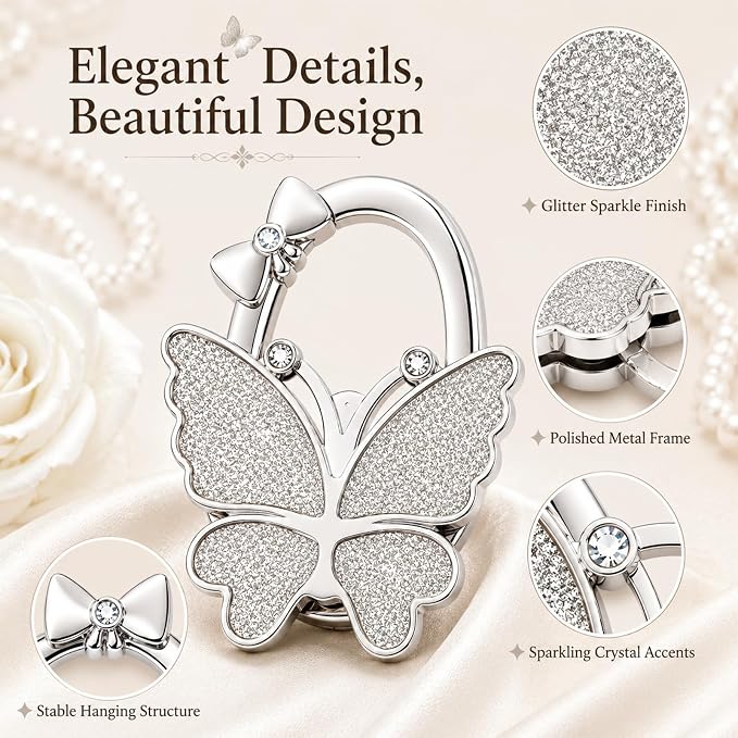 Purse Hook for Table, Foldable Handbag Hanger for Women, Portable Bag Holder with Non-Slip Base, Cute White Glitter Butterfly Purse Table Hook for Restaurant Office Travel Gift
