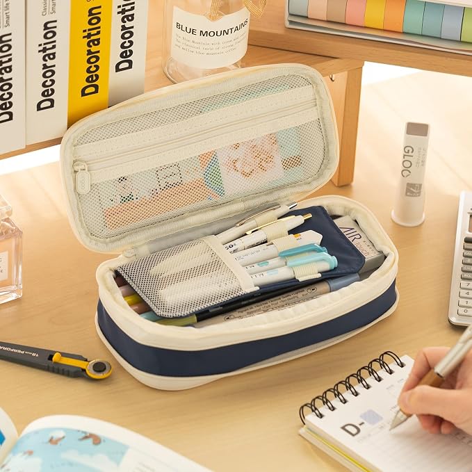 EASTHILL Big Capacity Pencil Case Large Pencil Pouch Stationery Pen Bag for Teen Girls-Navy