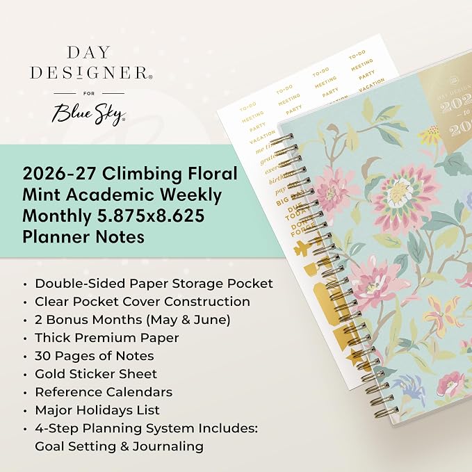 Blue Sky 2026-2027 Weekly & Monthly Academic Planner, 5.9"x8.6" Floral Mint | July 2026 - June 2027, Flexible Cover, Laminated Tabs, Storage Pocket, Academic Year, Day Designer