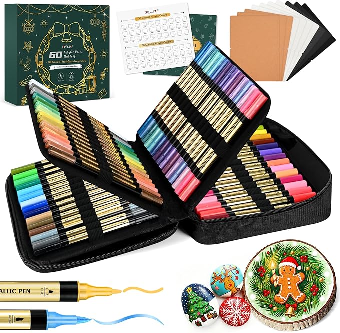 IVSUN 30 Metallic & 30 Regular Colors Dual Tip Acrylic Paint Markers | Works on Black Paper, Photo Album, Rock Painting, Wood, Card Making, DIY Crafts, Scrapbook Supplies