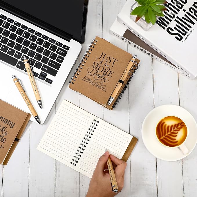 Thenshop 12 Sets Book Lover Gift Librarian Inspirational Spiral Notebook Pen Bulk Book Club Gift Reading Journal Librarian Back to School Gifts for Women Reader Teacher Bookish Bookworm (Brown)
