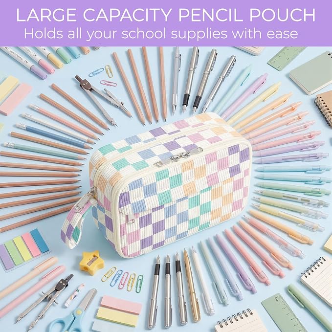 WOBAGMEN Cute Pencil Case,Large Corduroy Zippered Pencil Case Pouch, aesthetic Pencil Bag with Compartments, Pencil Pouch School Supplies (Colorful checked)