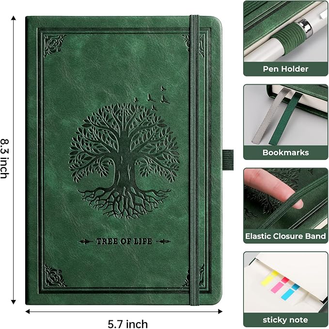 AHGXG Graph Grid Paper Notebook, 192 Pages, A5 Medium Size (5.7'' x 8.3'') | 5 Squares per Inch, Leather Hardcover, 100 GSM Thick Paper, for School, Students, Math, Engineering (Dark green)
