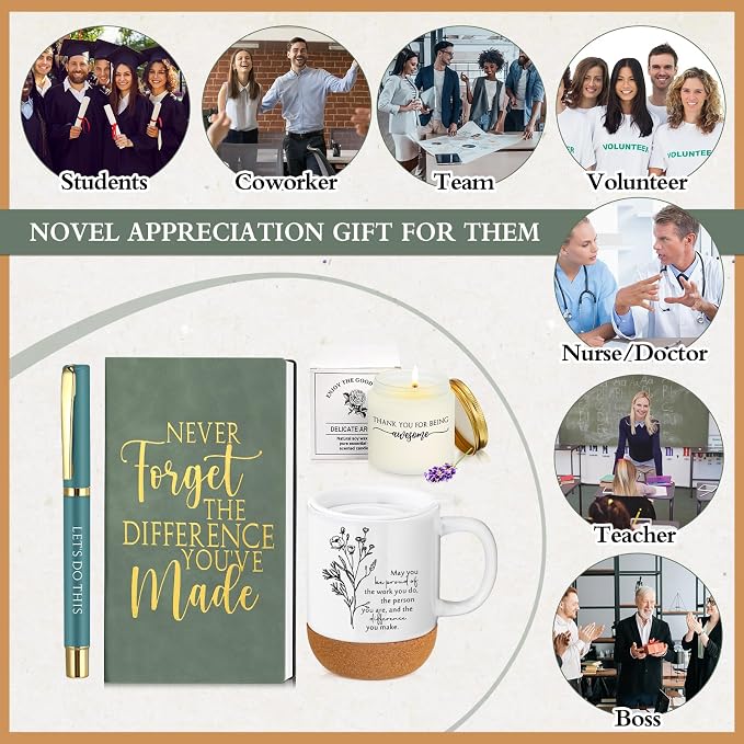 Sayglossy 4 Pcs Inspirational Thank You Gifts Set for Employee Back to School Teacher Never Forget The Difference You Made Notebook Coffee Mug Candle Ballpoint Pen for Team Coworker Volunteer Mom