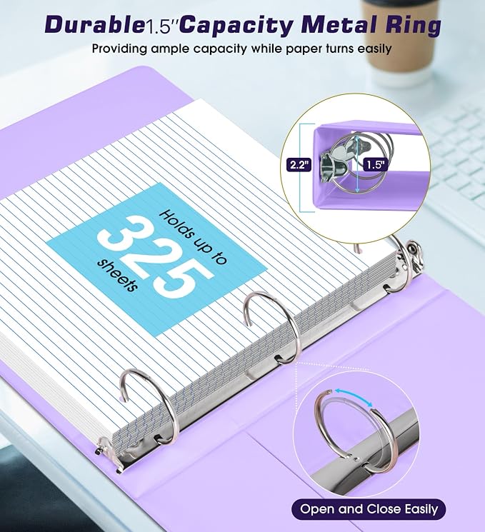 3 Ring Binder 1.5 inch，Cute Binder Organizer with 5 Tab Dividers Fits 175 Sheets of 8.5x11 Paper,Customizable Clear Cover with Inside Pockets,Aesthetic 1.5" Three Ring Binders for School Office,Purple