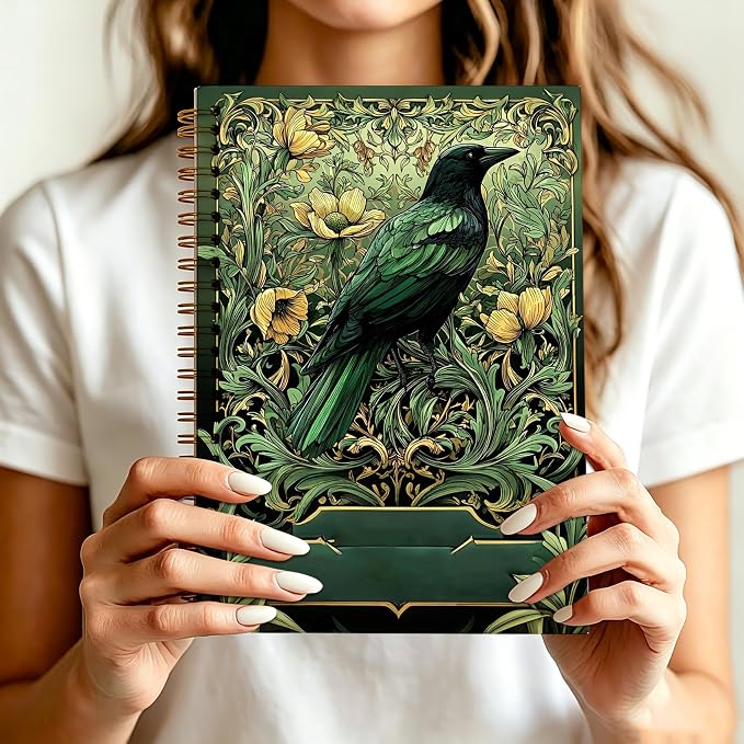 HOXUNQINA Art Nouveau Green Raven Journal Notebook 5.5x8.3 | William Morris Inspired Vintage Floral Crow Journal, Witchy Gothic Raven Botanical Notebooks for Work