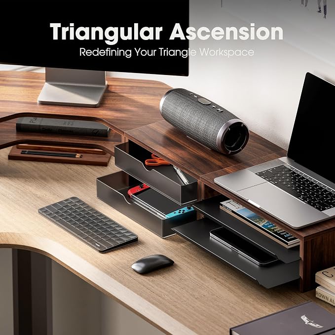 Fenge Dual Monitor Stand, Corner Desk Shelf with Drawer & Slide-Out Tray | Modular Design for Flexible Layouts, 2-Tier Storage Desktop Organizer for Computer, Laptop, Printer and Telephone
