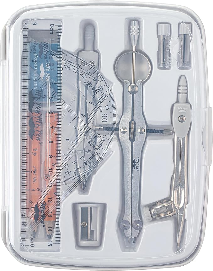 Mr. Pen- Geometry Set, 13 pcs, 3 Metal Compasses, Protractor, 6" Ruler | 45° & 30°/60° Set Squares, Pencils, Lead Refills, Sharpener & Eraser for Math, Drafting & Classroom Use | 45° & 30°/60° Set Squares, Pencils, Lead Refills, Sharpener & Eraser for ...