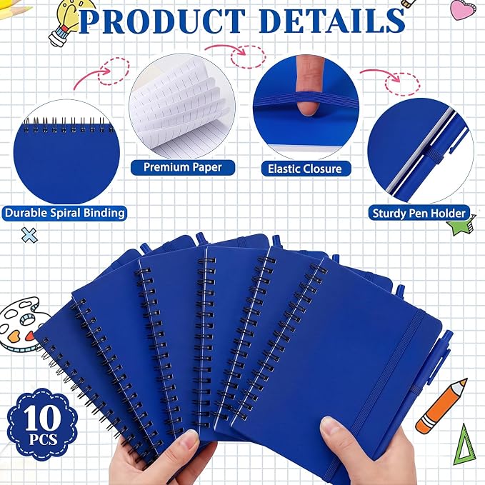 Fulmoon 10 Set Small Spiral Notebooks A6 with Pens Bulk, Multicolor 4" x 6" Pocket Notebooks Mini Lined Journals 50 Sheets for Back to School Supplies Students Rewards Office Gifts (Midnight Blue)