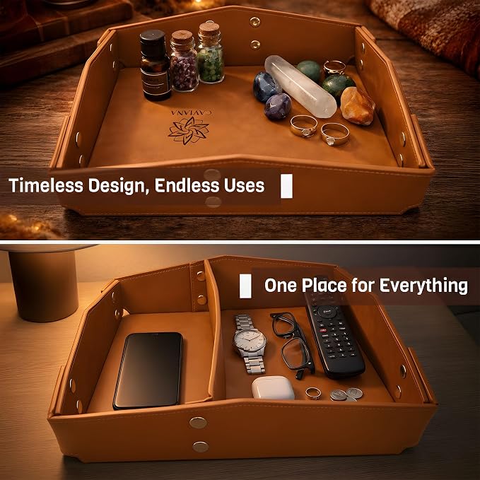 Valet Tray Organizer for Men & Women - PU Leather Catch All Tray with Removable Divider - EDC Storage for Keys, Watch, Phone - Nightstand, Dresser & Desk Organizer - Saddle Tan