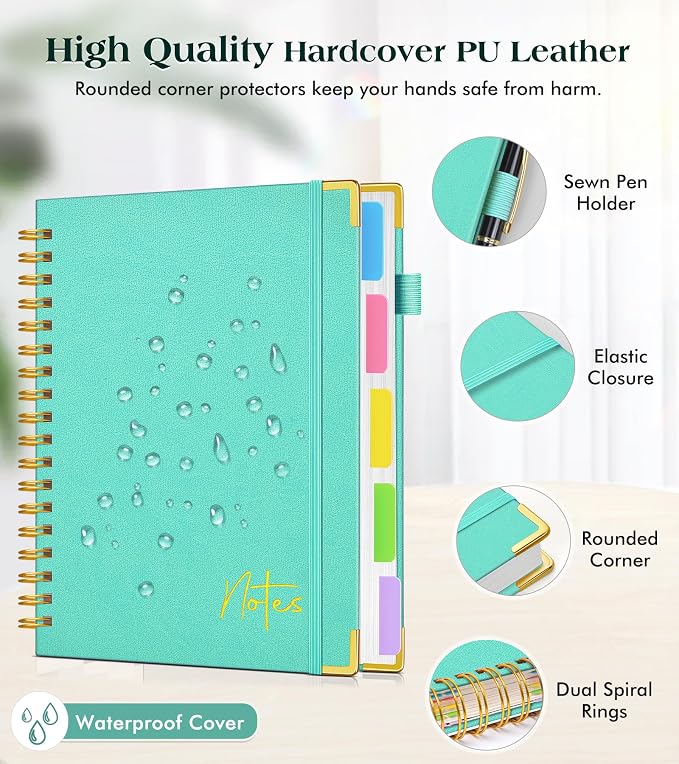 Spiral Notebook Journal with Removable Dividers Tabs, 300 Pages Hardcover Leather 5 Subject College Ruled Notebook, 8"x10" Large B5 Lined Journal for Women Men, Spiral Notebooks for Work School, Teal