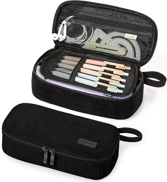 SUNEE Cute Pencil Case, Large Capacity Pencil Pouch Aesthetic Zipper Pencil Bag, Big Storage Pen Organizer for Stationery, Soft Corduroy Pencil Box Back to School Supplies for Teen Girls Boys, Black