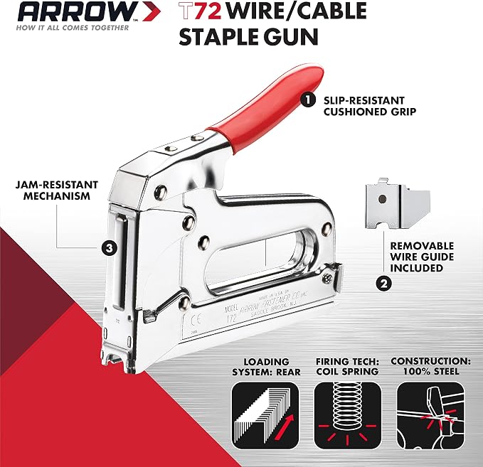 Arrow T72 Heavy Duty Wire and Cable Staple Gun, Manual Stapler | Staple Gun for Installing Wiring for Telecommunications, Internet, and Computer Cables, uses T72 Insulated Staples