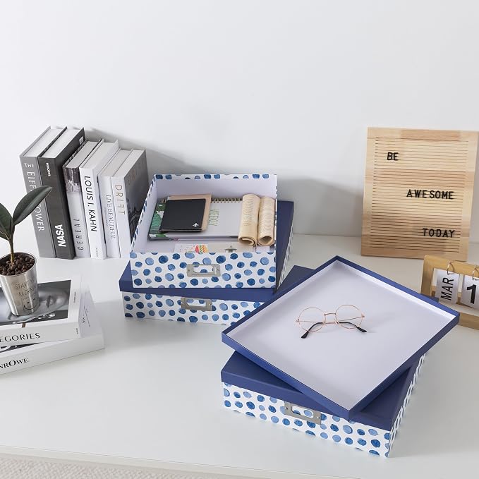 Soul & Lane - Decorative Storage Boxes with Lids, Set of 3, Blue Spots | Large Photo Keepsake Box Set for Organizing Documents and Memories, Cute Flat Nesting Cardboard Organizers for Scrapbooking