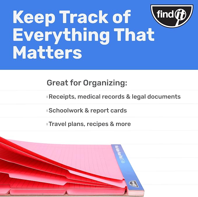 Find It File Folder Notepad, 12-Ct 3rd-Cut Tab Organizer Folders, Pink | Wide-ruled clipboard-style pages, tear-out perforated sheets, great for office, home, and school filing organization