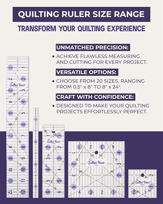 The Quilted Bear Square Quilting Ruler, Transparent Acrylic, 4.5" x 4.5" | Non-Slip, Precise Bold Lines, 30, 45 & 60 Degree Angles, 3mm Thick Transparent Acrylic, for Quilt Blocks, Sewing & Craft