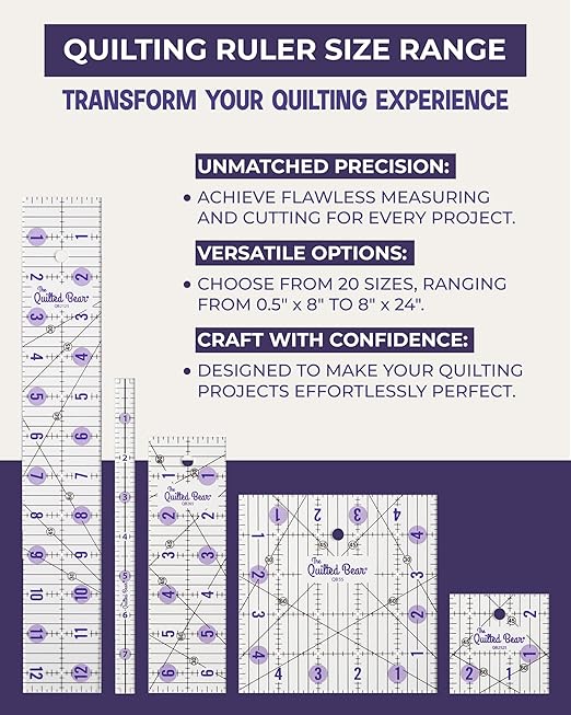The Quilted Bear Rectangular Acrylic Quilting Ruler, 6.5" x 12" | Non-Slip, Precise Bold Lines, 30, 45 & 60 Degree Angles, 3mm Thick Transparent Acrylic, for Quilt Blocks, Sewing & Craft