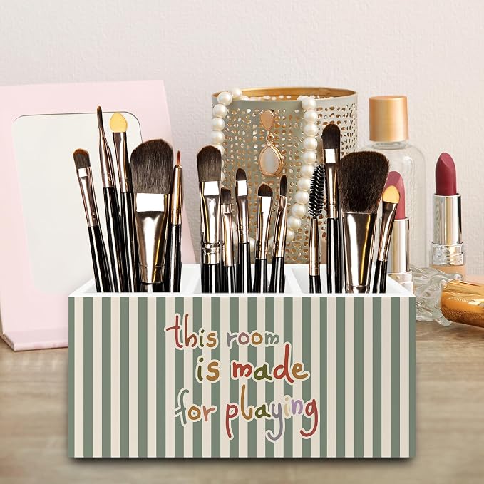 Kids Playroom Pen Pencil Holder Organizer for Desk, This Room Is Made for Playing Sage Green Striped Wooden Box Signs Decorations for Kids Nursery Room Bedroom Playroom Desk Tabletop