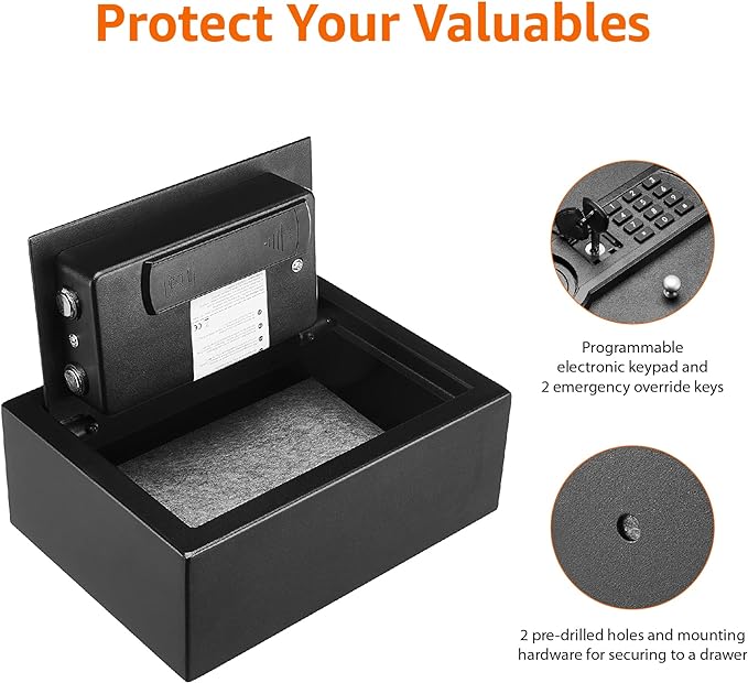 Amazon Basics Small Slim Desk Drawer Security Safe with Programmable Electronic Keypad, Secure Quick Access, 0.1 Cubic Feet, Black, 11.8"W x 8.6"D x 4.4"H