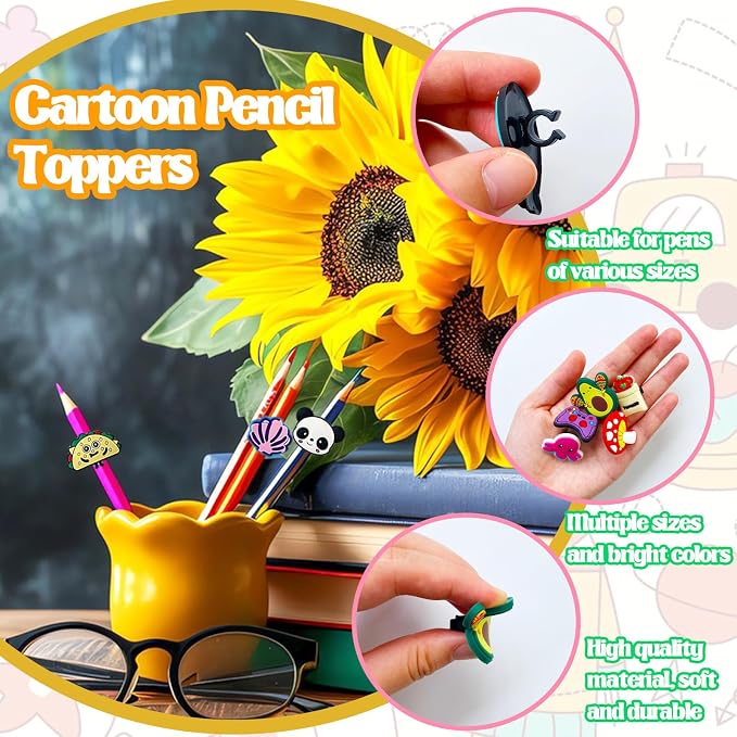100 Pcs Cute Pencil Topper Decor,Mixed Different Style Lovely Pencil Clips | Pencil Topper Decoation,Bulk Pen Toppers Charm Accessories for Kids,Classroom Rewards Prizes Present for Students, medium
