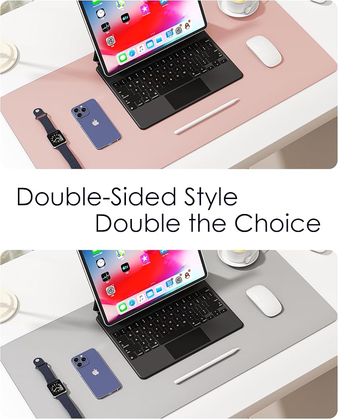 Leather Desk Pad Protector, Waterproof Mouse Pad, PU Desk Mat, Office Desk Cover, Desk Writing Mat for Office/Home/Work/Cubicle (Pink/Silver) 35.4x17 in