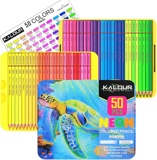 KALOUR PDAS 50 Neon Colored Pencils for Adult Coloring Books, Fluorescent colored Professional Drawing pencils Set Art Supplies Kit for Adults Beginners Artists, Soft Core