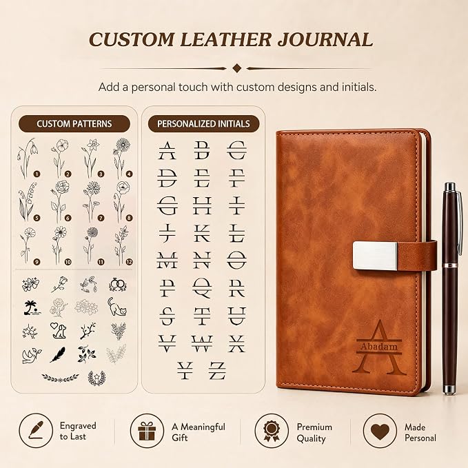 CRME Personalized Leather Journal with Pen and Gift Box,Custom Name Engraved A5 Hardcover Notebook for Work Business Travel,Personalized Notebook and Pen Set for Men Women,5.8"x 8.3",Brown