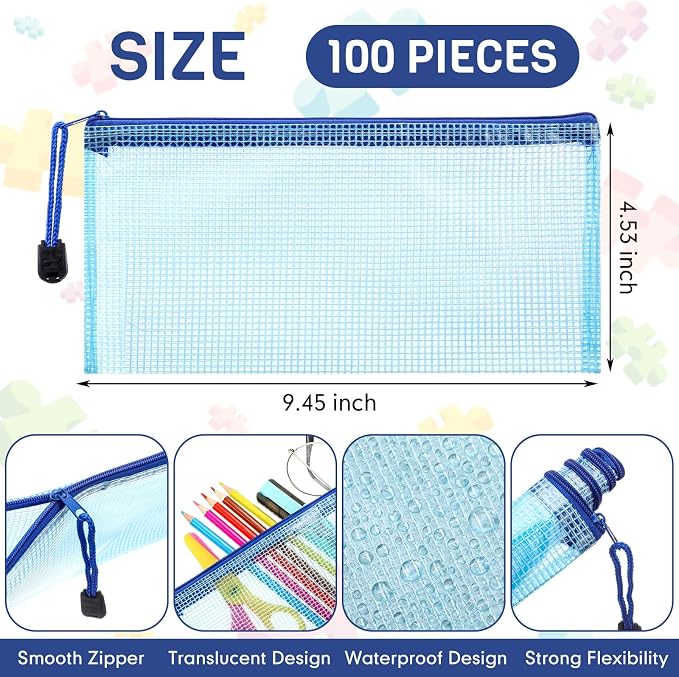Handepo 100 Pack Mesh Zipper Pouch Pencil Pouches Bulk Clear Storage Bag Small Waterproof Purse Bag Multipurpose for Cash Board Game Passport Office(A6/9.45x4.53in,Blue)
