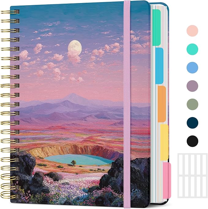 Large Lined Spiral Journal for Women Cute Hardcover 5 Subject Notebook for Work 8.5" x 11" with Removable Dividers & Tabs, College Ruled, 280 Pages Aesthetic Journal for Work, School & Note Taking, Lunar Basin