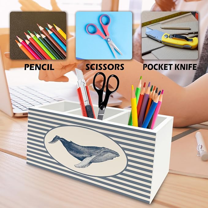 Coastal Beach Whale Pen Pencil Holder Organizer for Desk, Beach Office Decor, Blue Striped Marine Biology Ocean Wooden Box Signs Decorations for Home Office Desk Tabletop, Whale Gifts