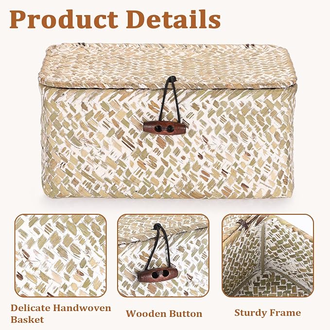 Handwoven Seagrass Basket Wicker Shelf Basket with Lid Rectangular Multipurpose Desktop Organizer Bin for Key Remote Control,Whitewash,7.0"x 4.3" x 3.3"