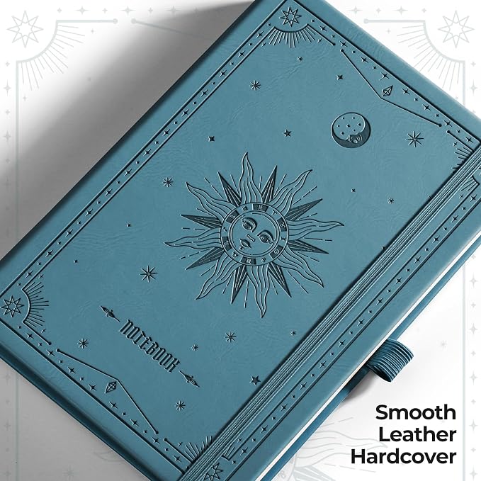 EMSHOI Graph Grid Journal Notebook, 320 Pages, A5 Size (5.7'' x 8.3'') | Leather Hardcover, 100 GSM Thick Paper, for School, Note Taking, Math, Engineering, Sun Debossed (Light Blue)