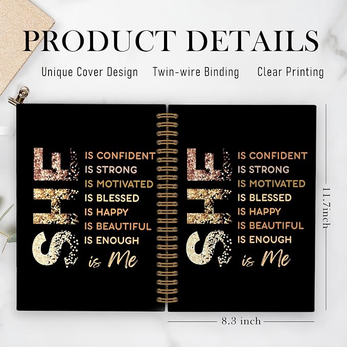 QLMX Gold She Is Me Affirmations Spiral Notebook, Inspirational Self Care A4 Journal Notebook, Self Love Notebooks for School Work, Positive Office Supplies Gifts for Women Girls Friends, 8.3x11.7 In