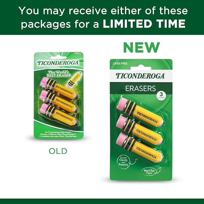TICONDEROGA ® Erasers, Pencil Shaped, Yellow, 3 ct (38953) | Yellow, 0.75" x 2.875", #38953