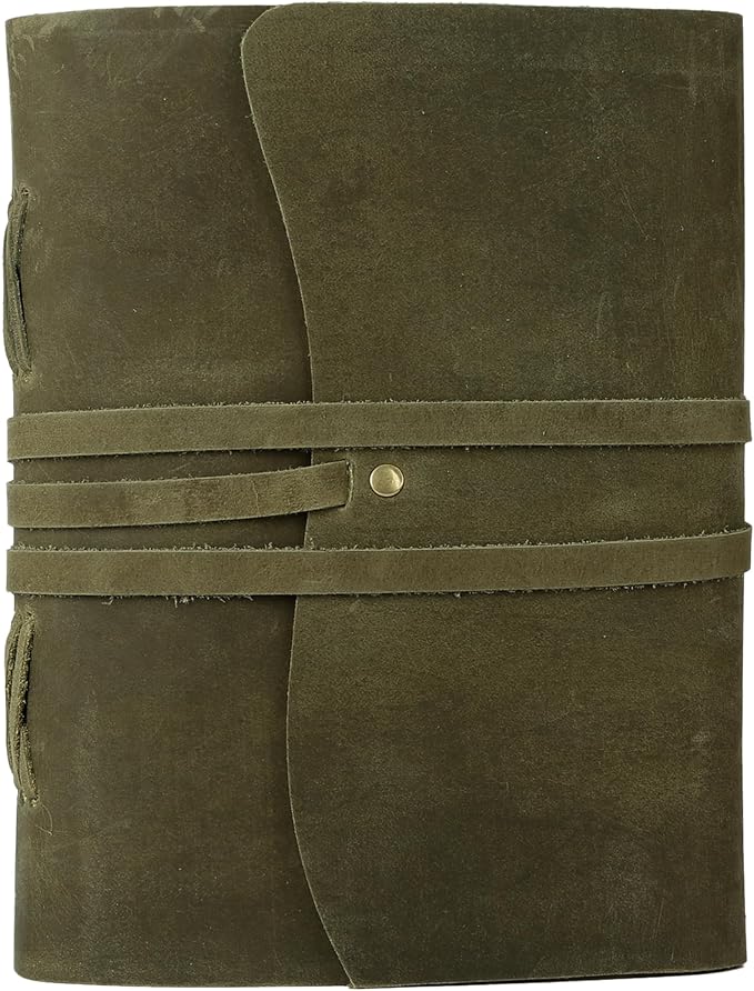 KomalC Handmade Leather Journal 8x6 Inch | Green Vintage Notebook with Unlined Paper | Cotton Recycled Paper | Antique Travel Diary, Sketchbook, Writing Journal for Men & Women