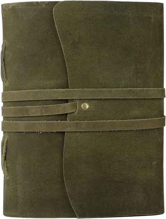 KomalC Handmade Leather Journal 7x5 Inch | Green Vintage Notebook with Unlined Pages | Cotton Recycled Paper | Antique Travel Diary, Sketchbook, Writing Journal for Men & Women